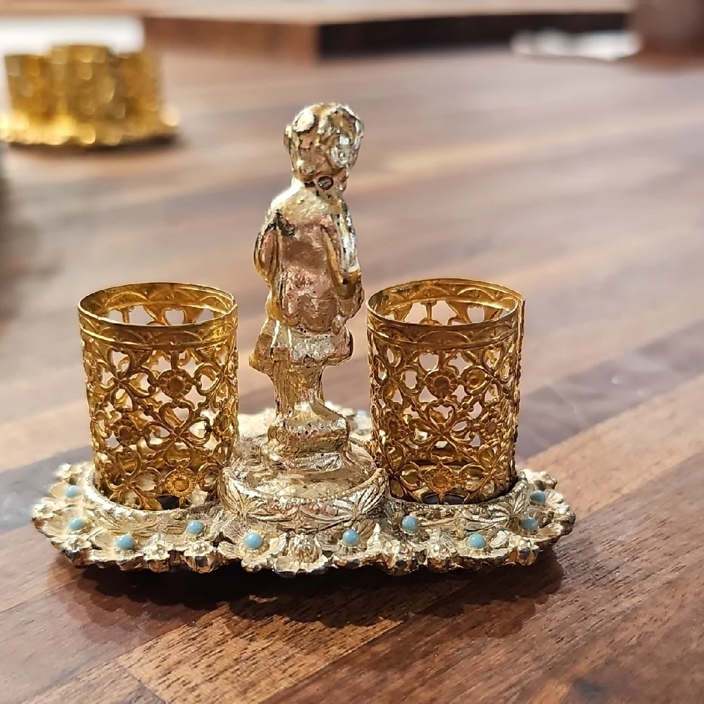 VINTAGE Lipstick Holder Sam Fink Gold Filigree Cherub Vanity 1960's